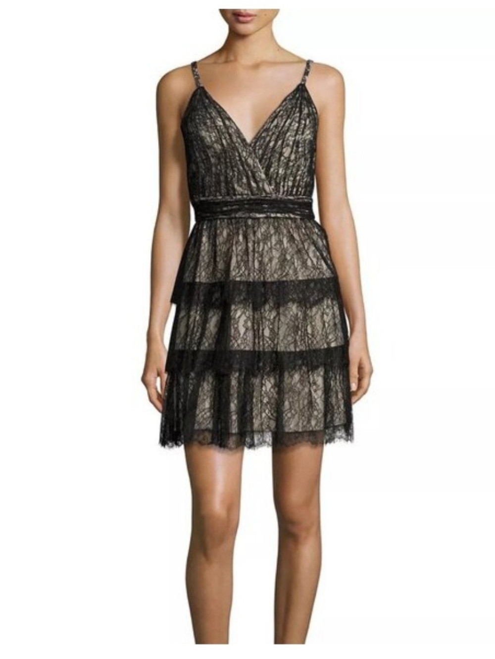 Alice & Olivia Black Lace Tiered V Neck Mini Dress Size 8 $695